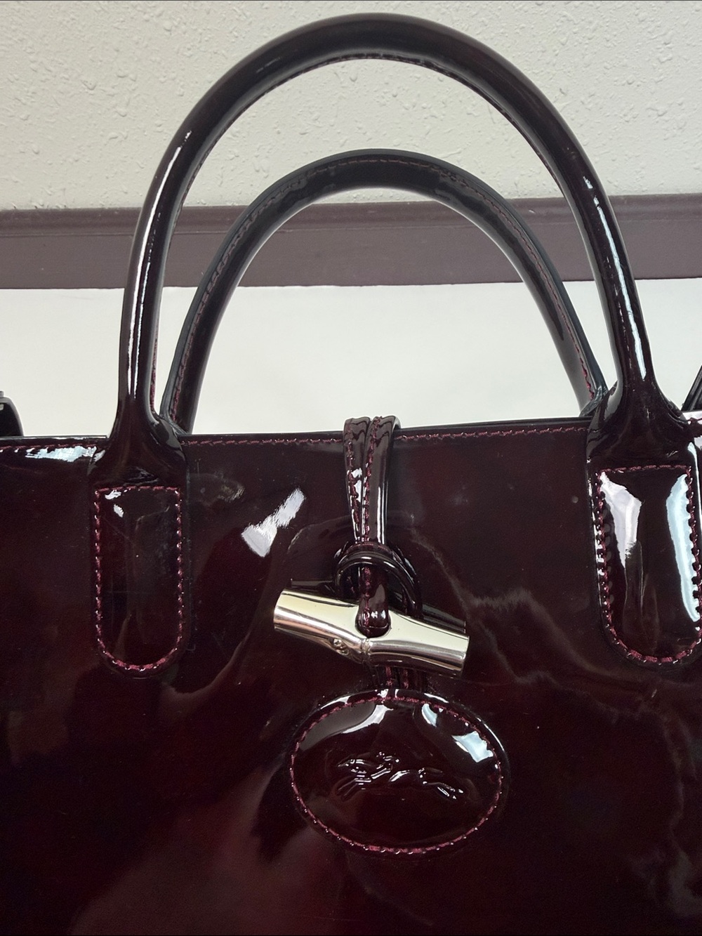 Longchamp Roseau Burgundy Patent Leather Tote Bag Designer Classic Luxury Purse - Picture 3 of 12